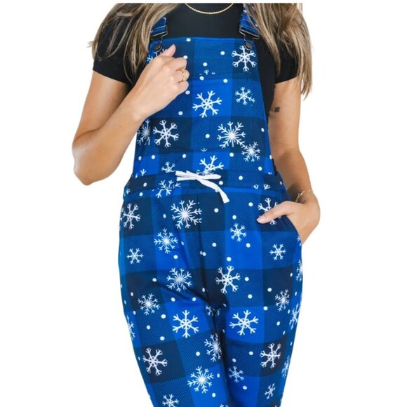 Women Overall Pajamas L Warm Soft Knit Après Ski Snowflake Blue White NWT - Picture 3 of 11
